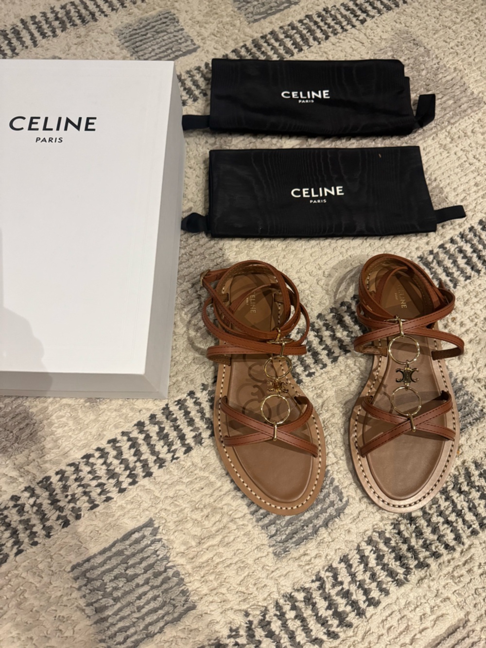 Celine Lympia Strappy Jewel Sandals 15 Tan Brown Calfskin Greek 38.5 New in Box